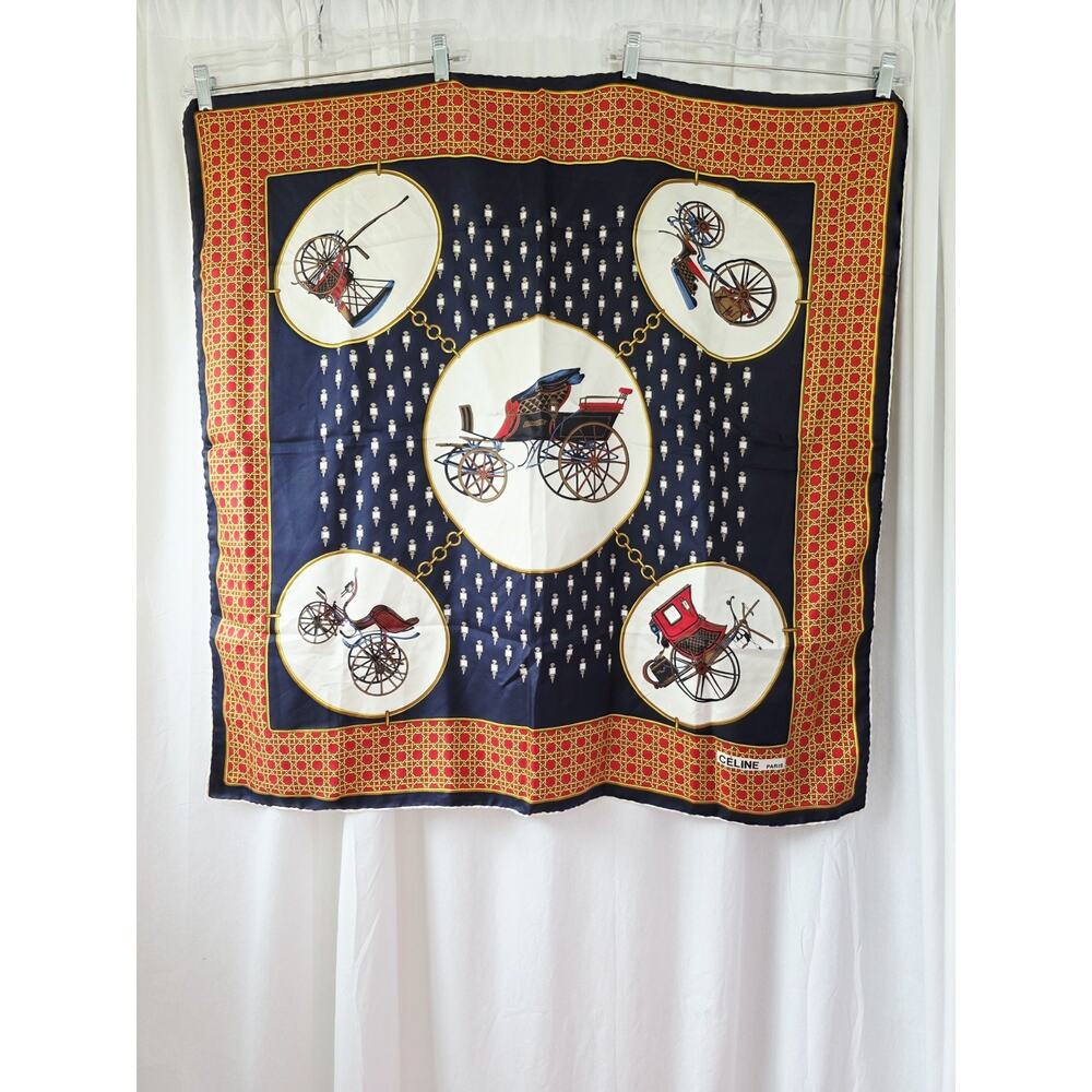 Vintage CELINE Large Scarf Navy Off-White Multi Carriage Pattern Silk Old Money - Picture 9 of 9